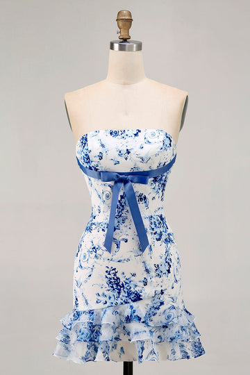 White Blue Flower Printed Bodycon Strapless Homecoming Dress